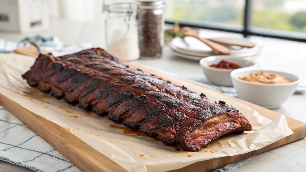 Rack of smoked spare ribs with thick craggy dark mahogany bark resting on butcher paper, deep crust texture catching the light