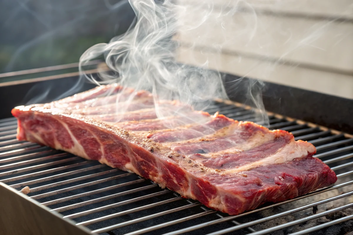 Close-up of an unwrapped rib rack on smoker grates with rich red-brown bark and thin wisps of pale smoke curling past