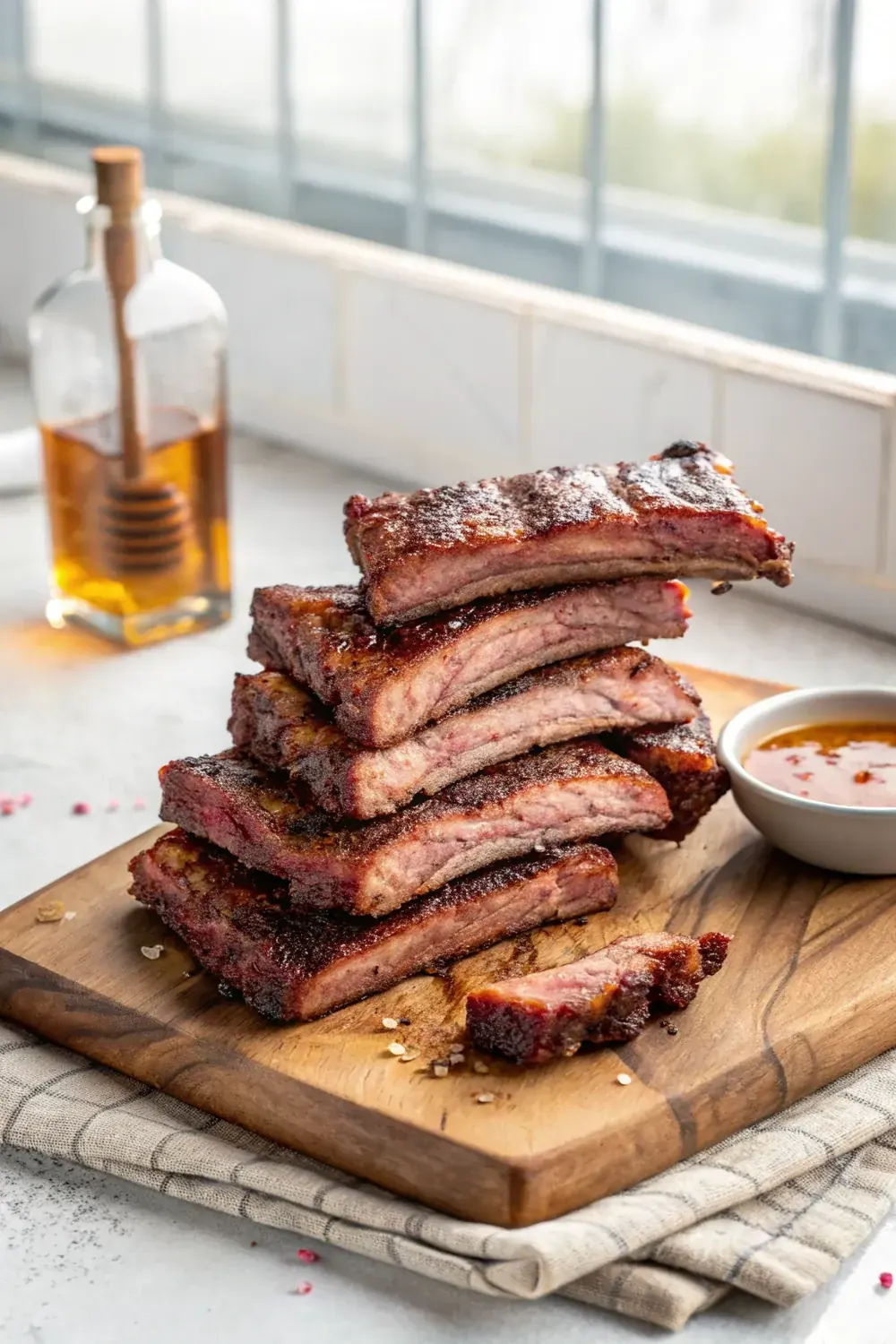 Vertical shot of deeply barked smoked ribs stacked on a wooden board, crust rough and glistening, small bowl of spritz liquid nearby
