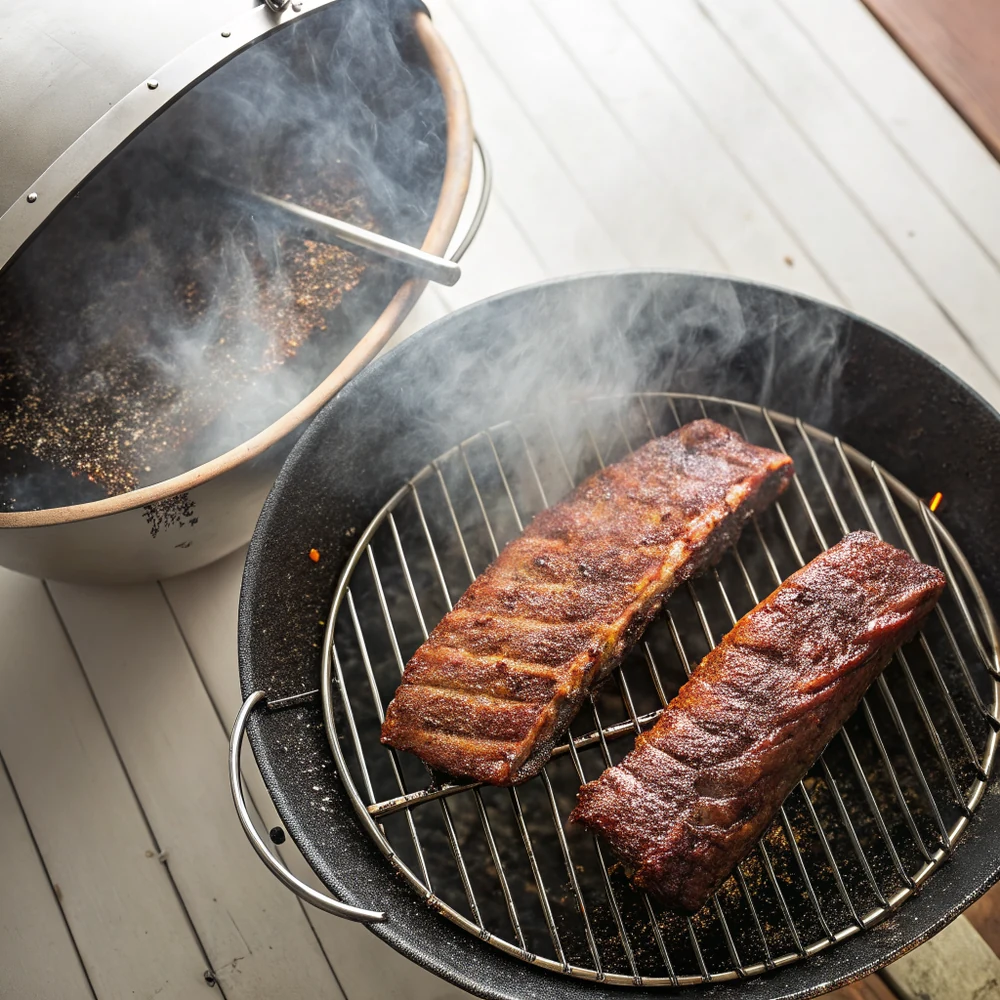 Overhead view of two seasoned rib racks smoking on round grates beside a steaming water pan, surfaces darkening to mahogany