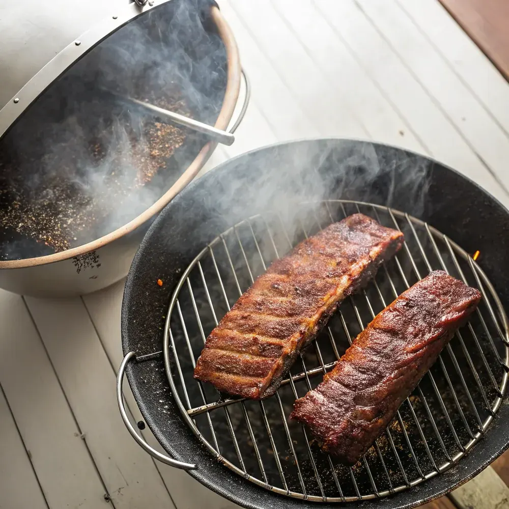 Overhead view of two seasoned rib racks smoking on round grates beside a steaming water pan, surfaces darkening to mahogany