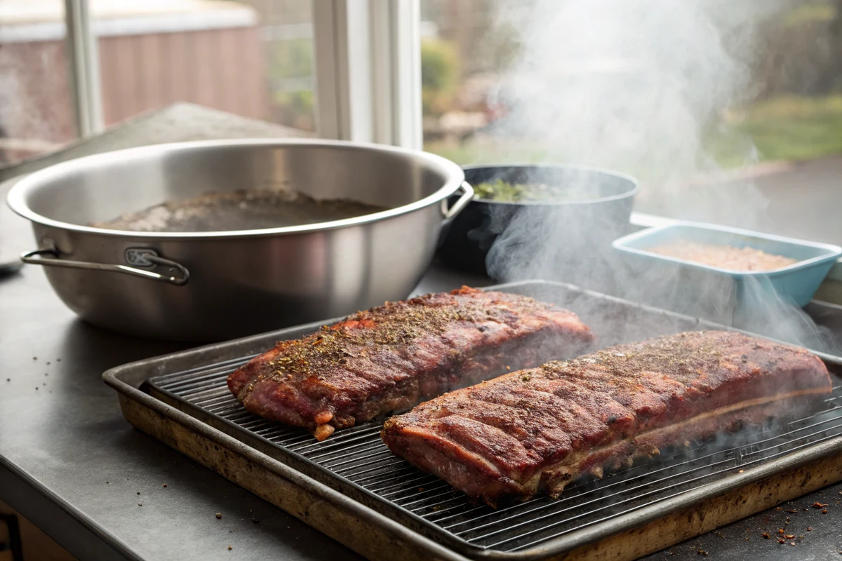 Two seasoned rib racks on smoker grates with a wide metal pan of steaming water set beside them, thin smoke drifting over the meat