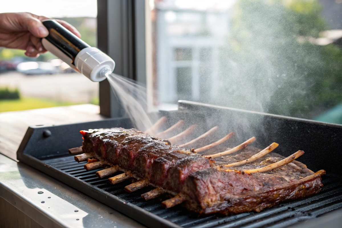 Rib rack with deep mahogany bark holding steady on the grate, mist being sprayed over the surface from a spray bottle at the edge of the frame