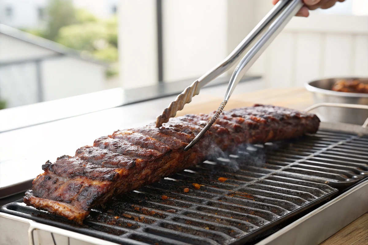 Tongs lifting one end of a finished rib rack over the grate, the rack bending deeply and the dark bark cracking across the surface