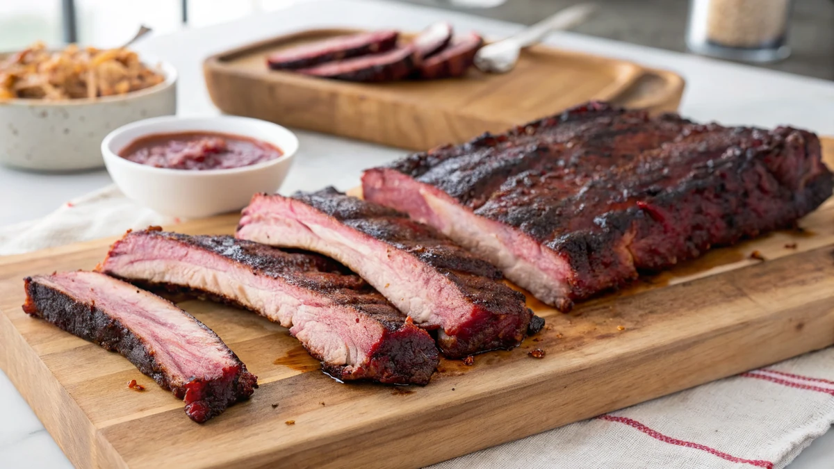Sliced smoked St. Louis style ribs with dark mahogany bark on a butcher block, deep pink smoke ring visible on the cut faces