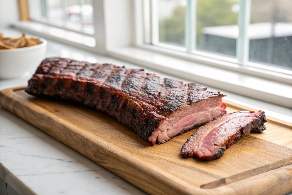 Close-up of a single smoked St. Louis rib held over a wooden board, thick mahogany bark and pink smoke ring showing, meat pulled back from the bone end