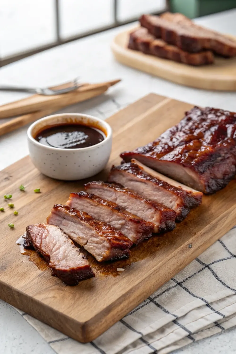 Vertical shot of glistening smoked St. Louis style ribs sliced on a wooden cutting board with a small ceramic bowl of dark barbecue sauce beside them