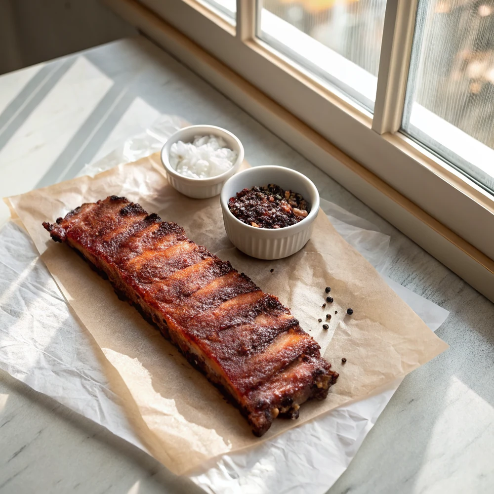 Overhead view of a whole smoked St. Louis style rib rack resting on butcher paper with a small ceramic bowl of coarse salt and black pepper rub beside it
