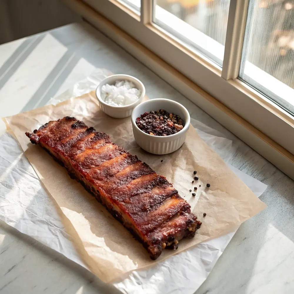 Overhead view of a whole smoked St. Louis style rib rack resting on butcher paper with a small ceramic bowl of coarse salt and black pepper rub beside it