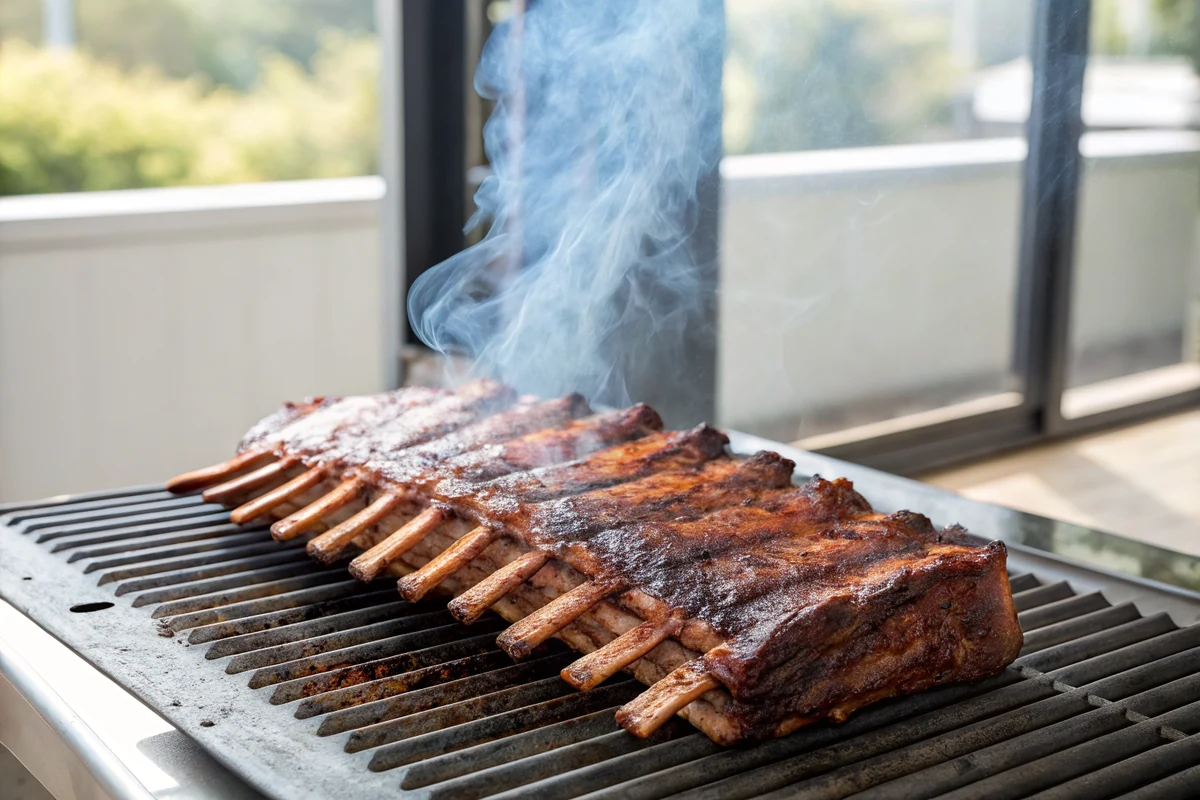 Rubbed St. Louis rib rack sitting bone side down on offset smoker grates with thin blue-grey smoke drifting across the meat