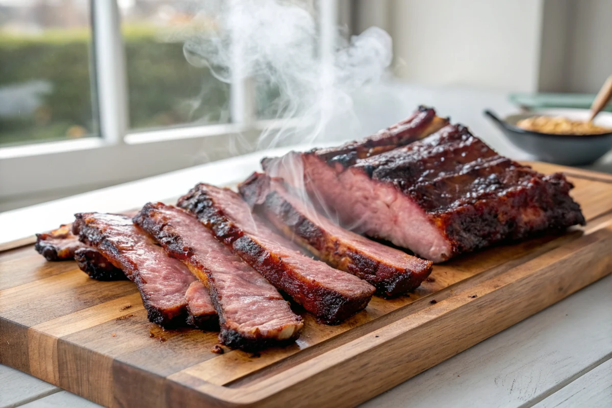 Knife slicing a rested St. Louis rib rack with dark mahogany bark into individual ribs on a wooden cutting board