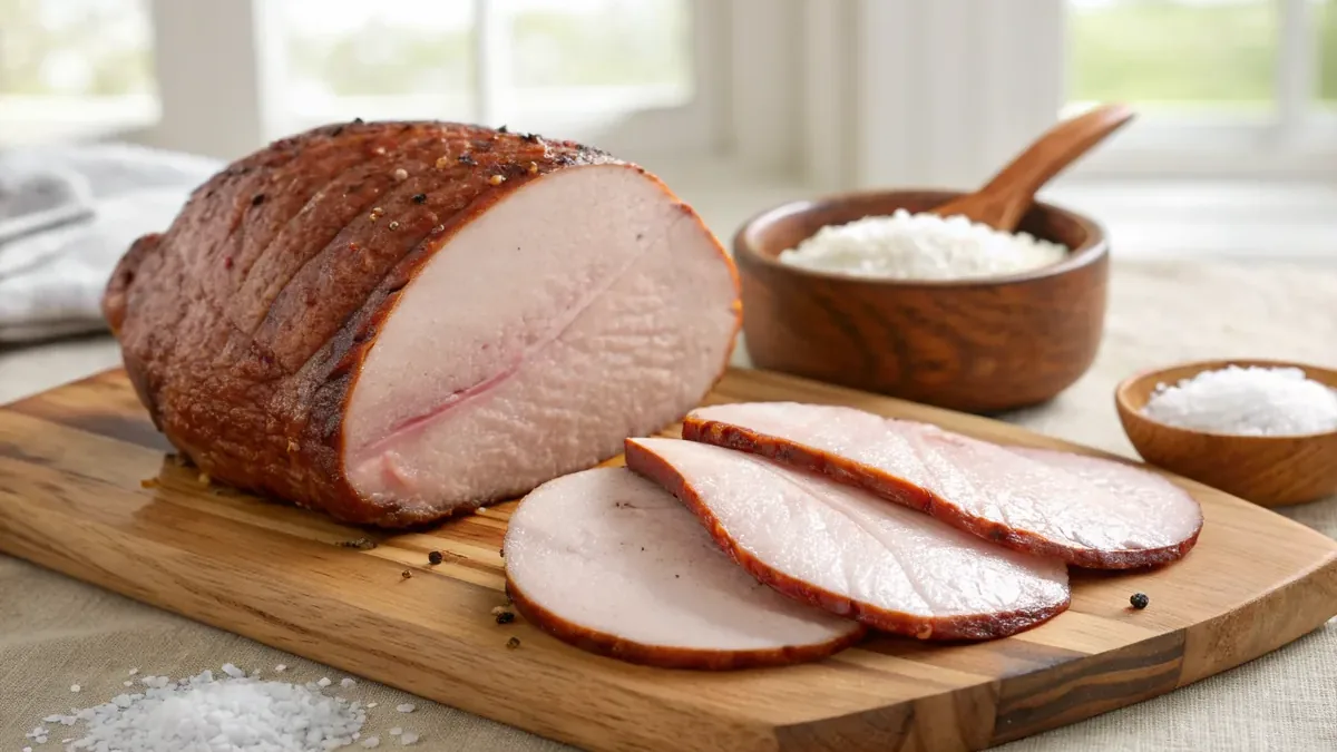 A whole smoked bone-in turkey breast with crisp deep mahogany skin and a rounded plump shape resting on a wire rack over a weathered wooden table, a few thick slices of juicy pale white turkey meat with a thin pink smoke ring fanned beside it on the rack, nothing else on the table, warm afternoon light