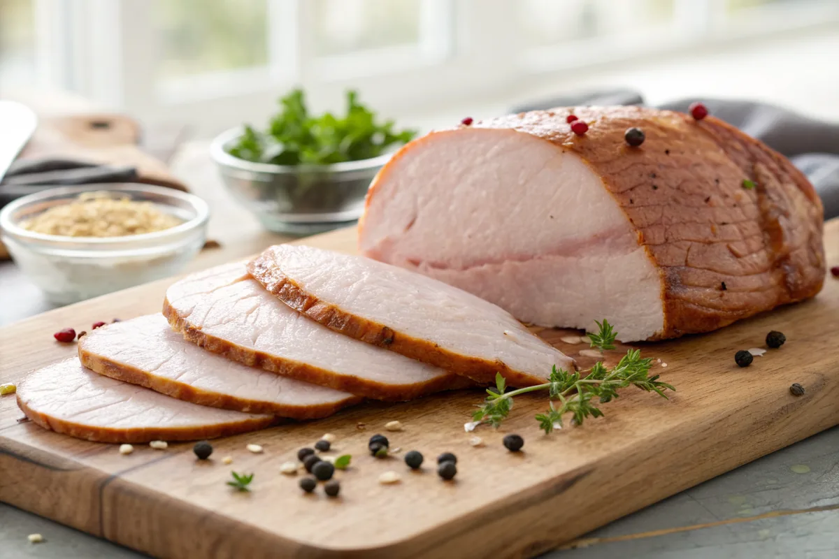 Close-up of thick slices of smoked turkey breast on a wooden board, juicy pale white meat with a thin pink smoke ring under crisp mahogany skin, small pools of clear juice and flecks of black pepper and herb butter on the cut surface