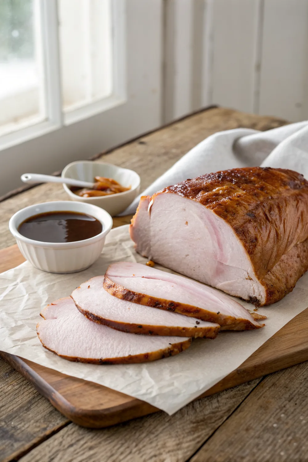 Vertical composition of a smoked bone-in turkey breast with mahogany skin resting on plain butcher paper on a rustic wooden table, sliced white meat with a pink smoke ring in front and a small plain ceramic bowl of dark brown gravy behind it, only food and plain unmarked dishes in frame