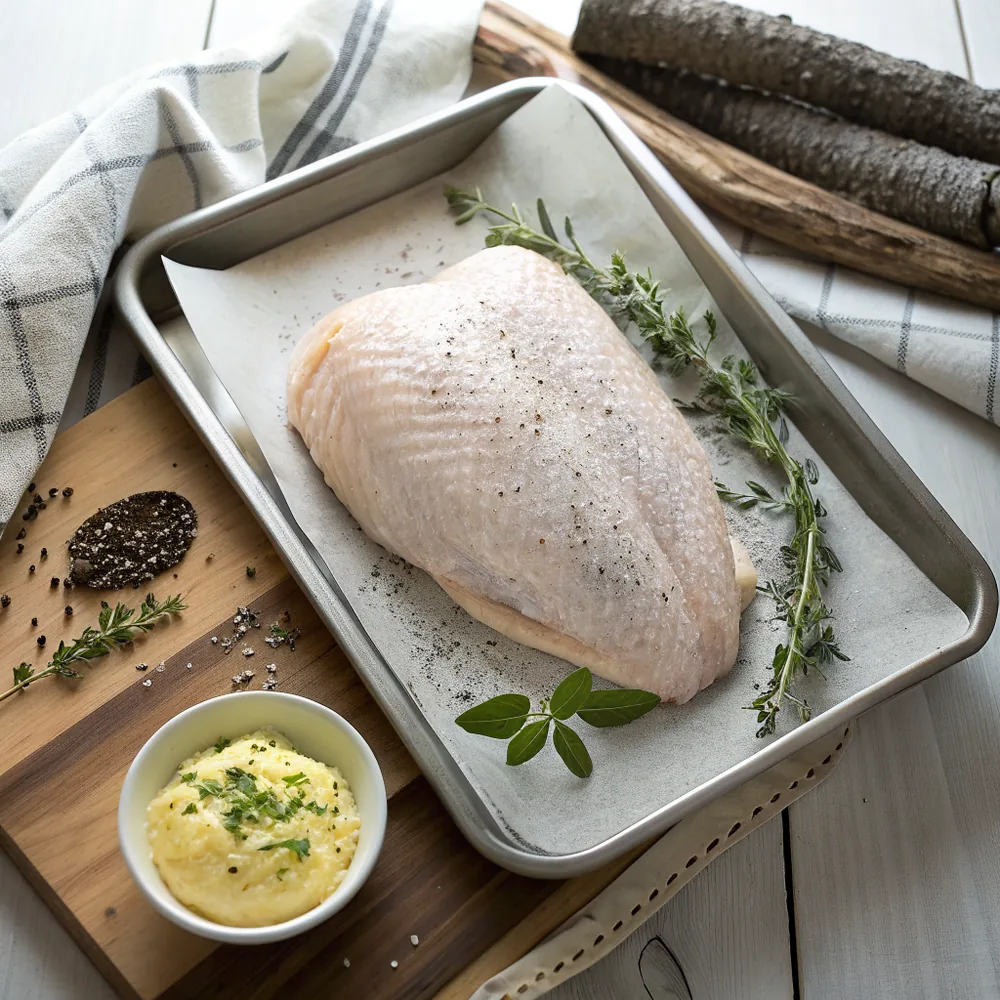 Overhead view of a raw whole turkey breast coated in coarse salt, cracked black pepper, and garlic powder on a rimmed sheet pan beside a small ceramic bowl of softened herb butter, fresh thyme and sage sprigs, and two split oak logs