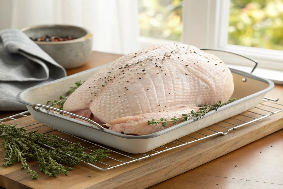 A whole raw turkey breast with taut dry pale skin and a visible crust of coarse salt and cracked black pepper resting uncovered on a wire rack over a rimmed sheet pan on a wooden counter with sprigs of thyme beside it
