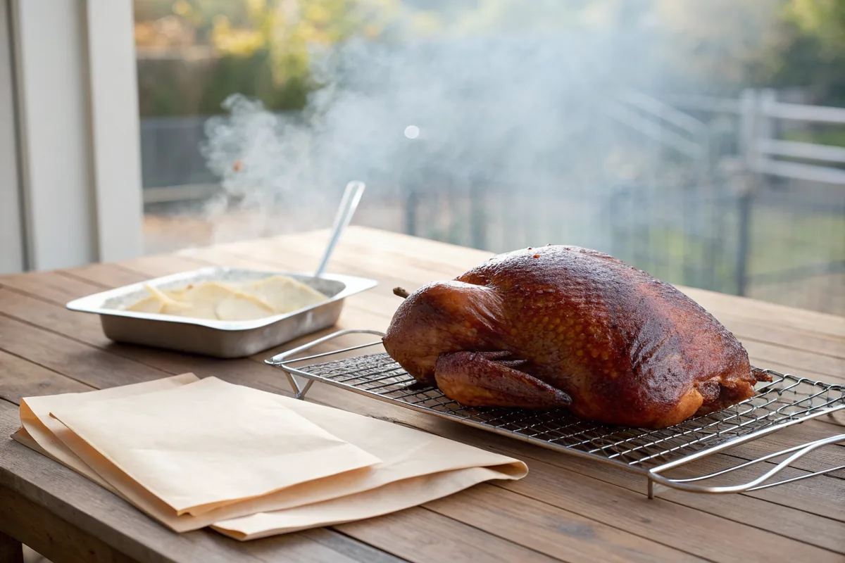 A whole turkey breast with deep amber skin midway through the cook resting on a wire rack over a wooden table outdoors, a faint haze of pale smoke in the air and a folded square of plain butcher paper beside it