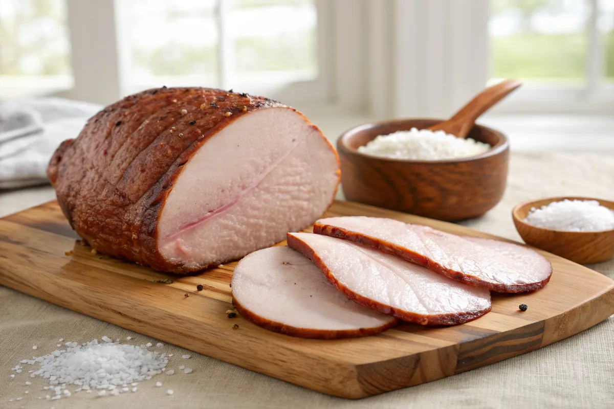 Two carved smoked turkey breast lobes with crisp mahogany skin side by side on a wooden board, one lobe cut into thick even slices showing moist white meat with a pink smoke ring, a small wooden dish of coarse salt beside them