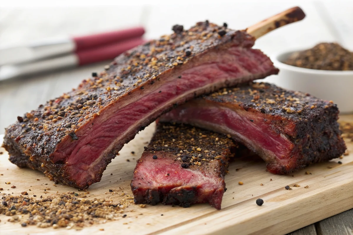 Close-up of lean smoked venison ribs showing deep reddish meat under a coarse black pepper crust, rustic outdoor light