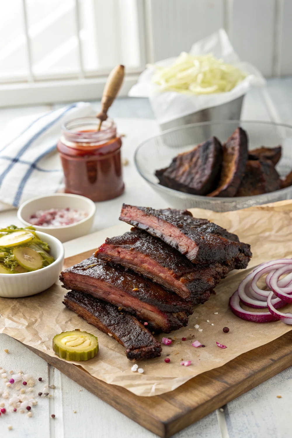 Vertical shot of dark-crusted smoked venison ribs stacked on butcher paper with pickles and onions, camp-style serving