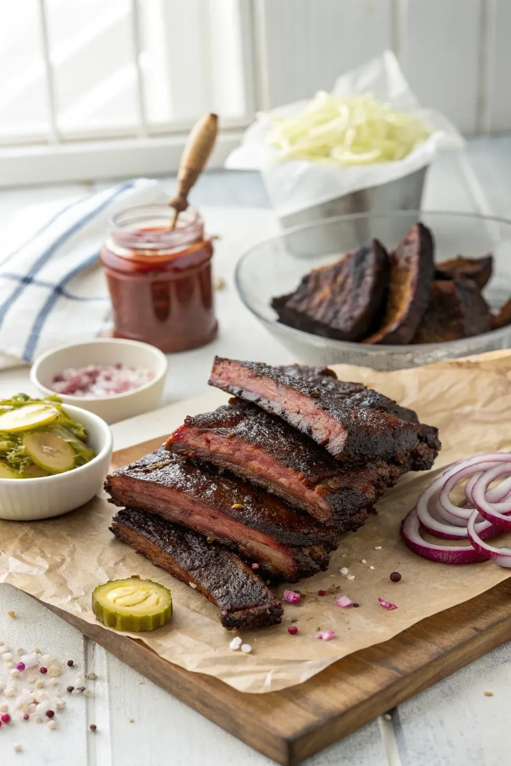 Vertical shot of dark-crusted smoked venison ribs stacked on butcher paper with pickles and onions, camp-style serving