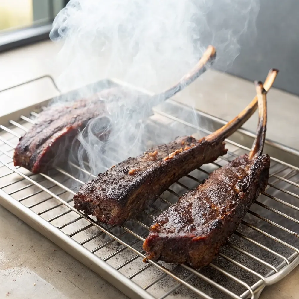 Overhead view of two slender seasoned venison rib racks smoking on grates, surfaces darkening under thin drifting smoke