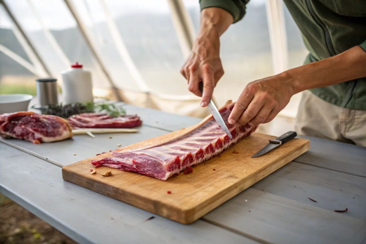Hands peeling the thin membrane away from the bone side of a slender venison rib rack on a wooden cutting board at a camp table