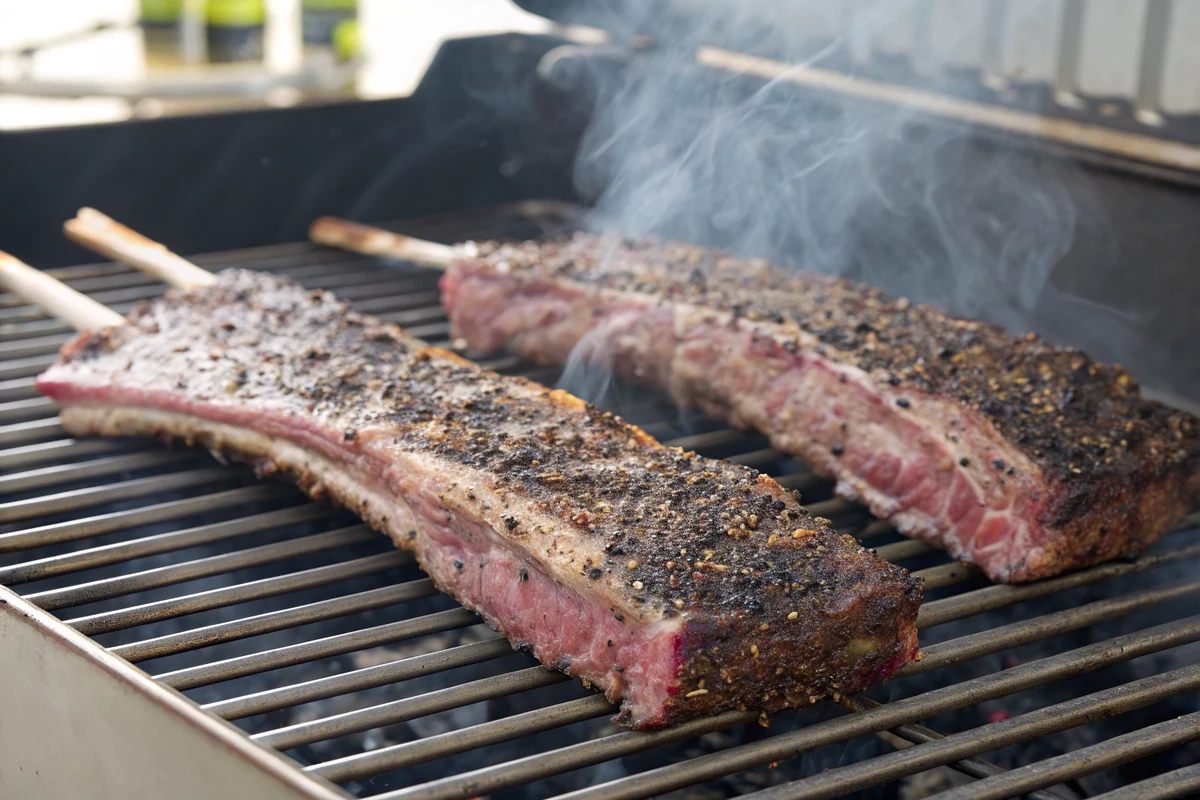 Two slender venison rib racks with darkened peppered surfaces on smoker grates, thin pale smoke drifting across them in outdoor light