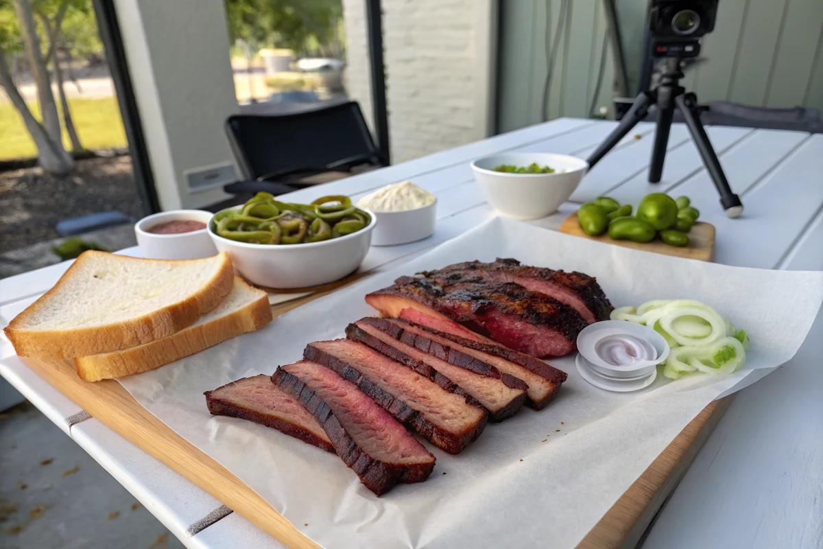 Sliced smoked venison ribs arranged on butcher paper with pickled jalapenos, sliced onion, and white bread at an outdoor table