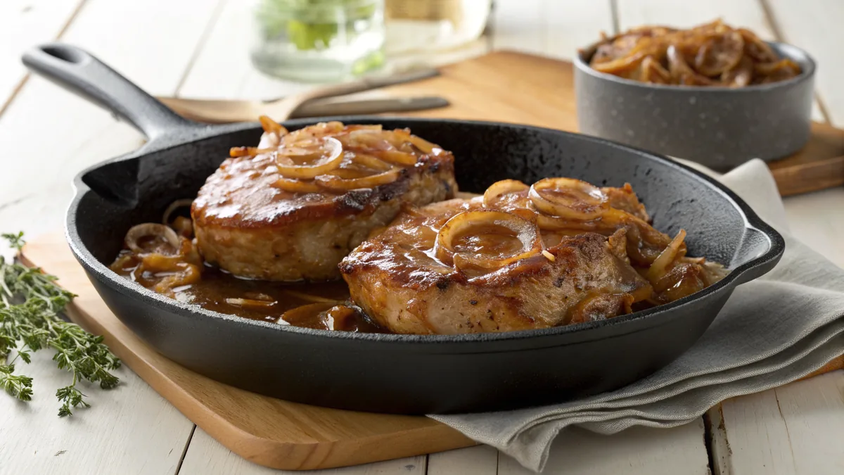 Two bone-in pork chops covered in glossy brown onion gravy with soft caramelized onion strands in a black cast iron skillet on a wooden table