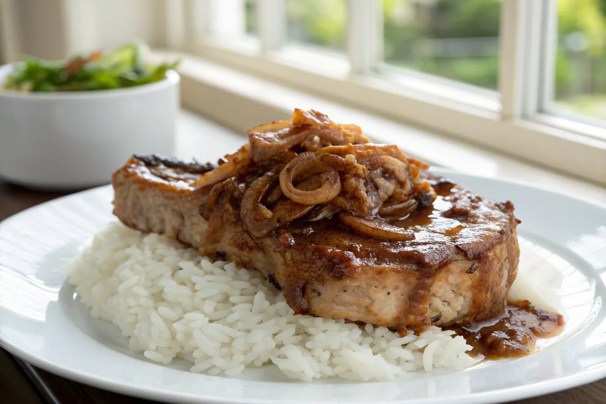 Close-up of a bone-in pork chop resting on a white plate over fluffy white rice, the meat pulled apart at the bone under a thick coating of dark onion gravy with soft onion strands on top