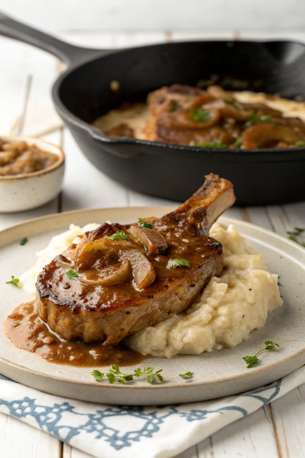 Vertical composition of a bone-in pork chop smothered in brown onion gravy on a bed of mashed potatoes on a rustic plate, a cast iron skillet behind it in warm light