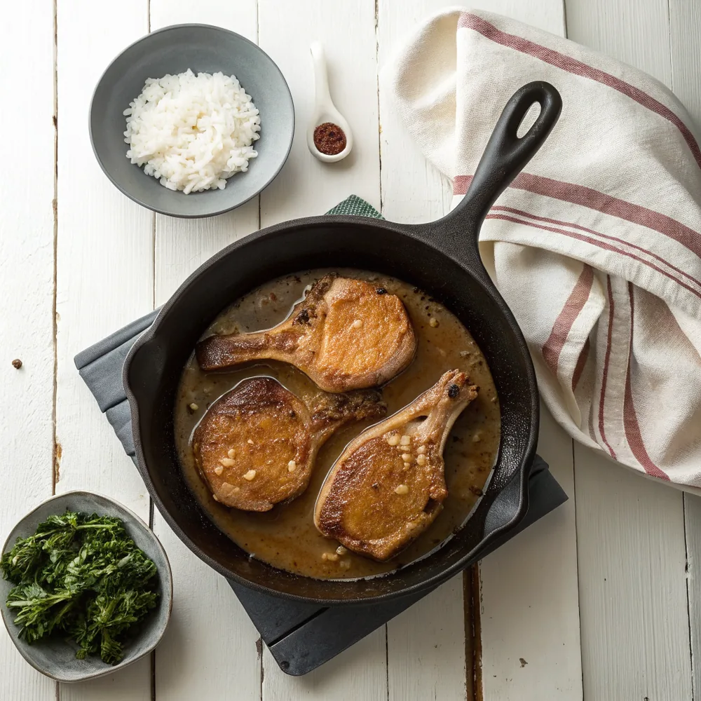 Overhead view of a black cast iron skillet holding two bone-in pork chops in brown onion gravy on white painted wood, a small gray bowl of white rice and a small bowl of dark collard greens beside it, a folded striped linen napkin tucked under the skillet handle