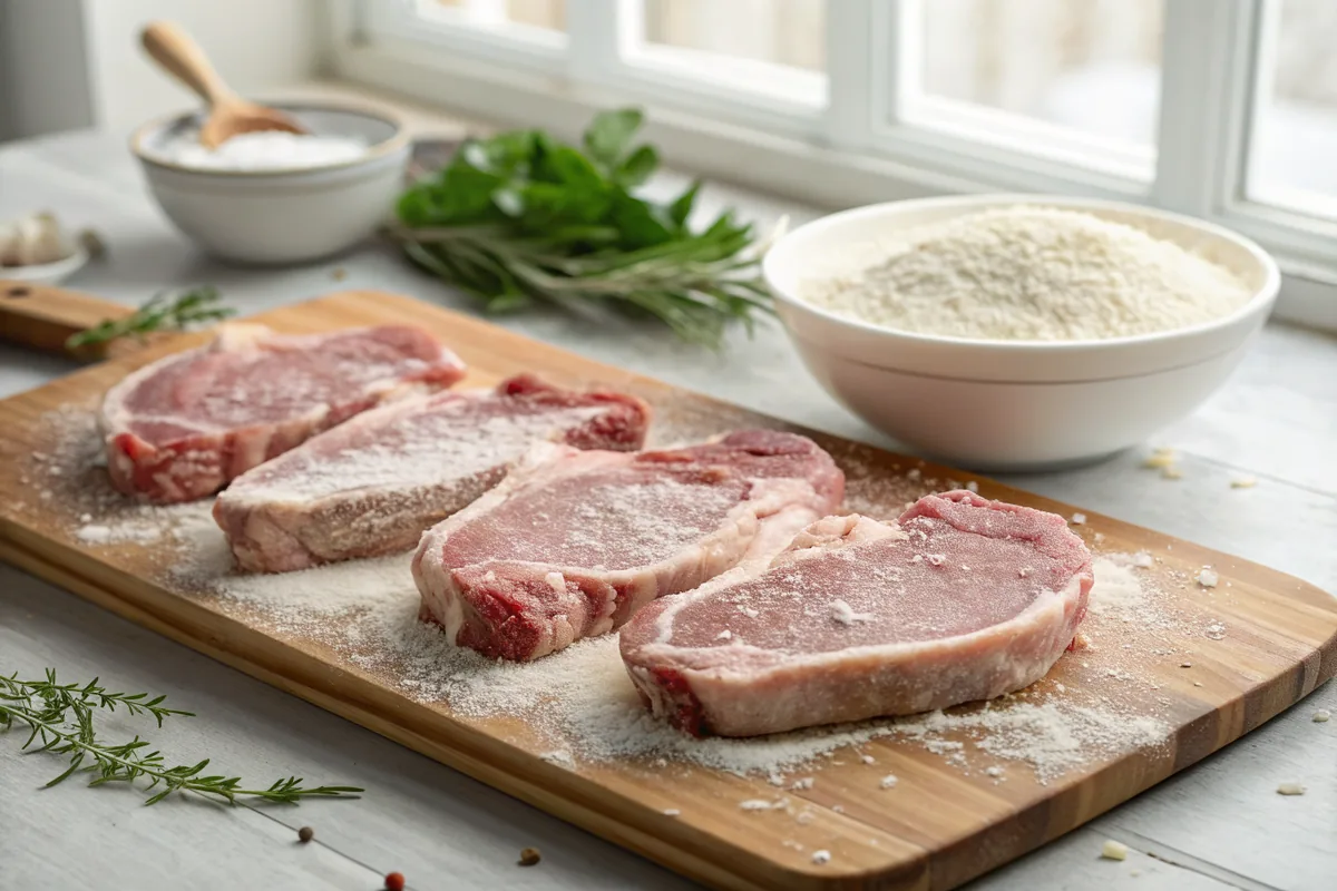 Four raw bone-in pork chops coated in a thin dusting of seasoned flour resting on a wooden board beside a shallow dish of flour