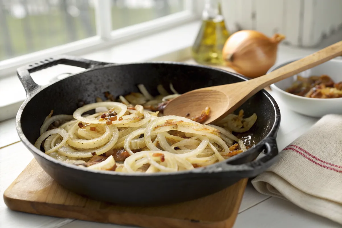 A cast iron skillet filled with soft golden sliced onions cooked down in pan drippings with browned bits scraped into them, a wooden spoon resting on the edge