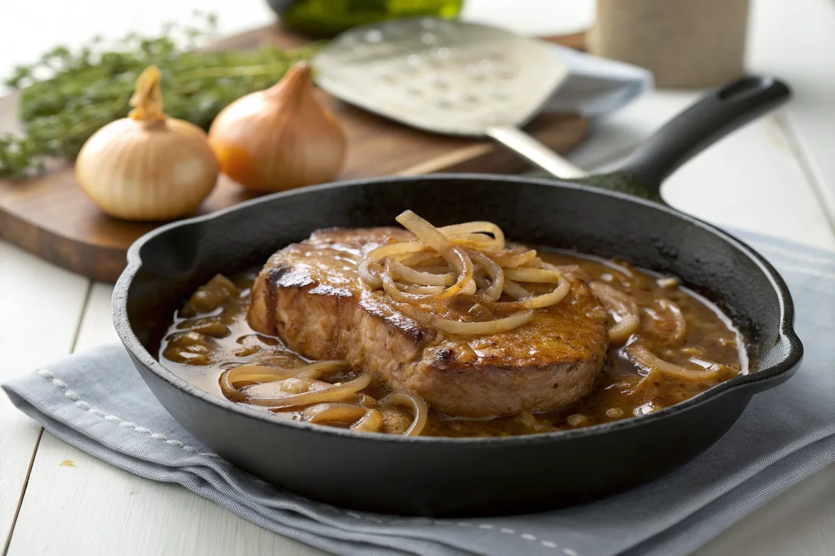 Bone-in pork chops nestled into brown onion gravy in a cast iron skillet with soft onion strands spooned over the top and small bubbles at the surface