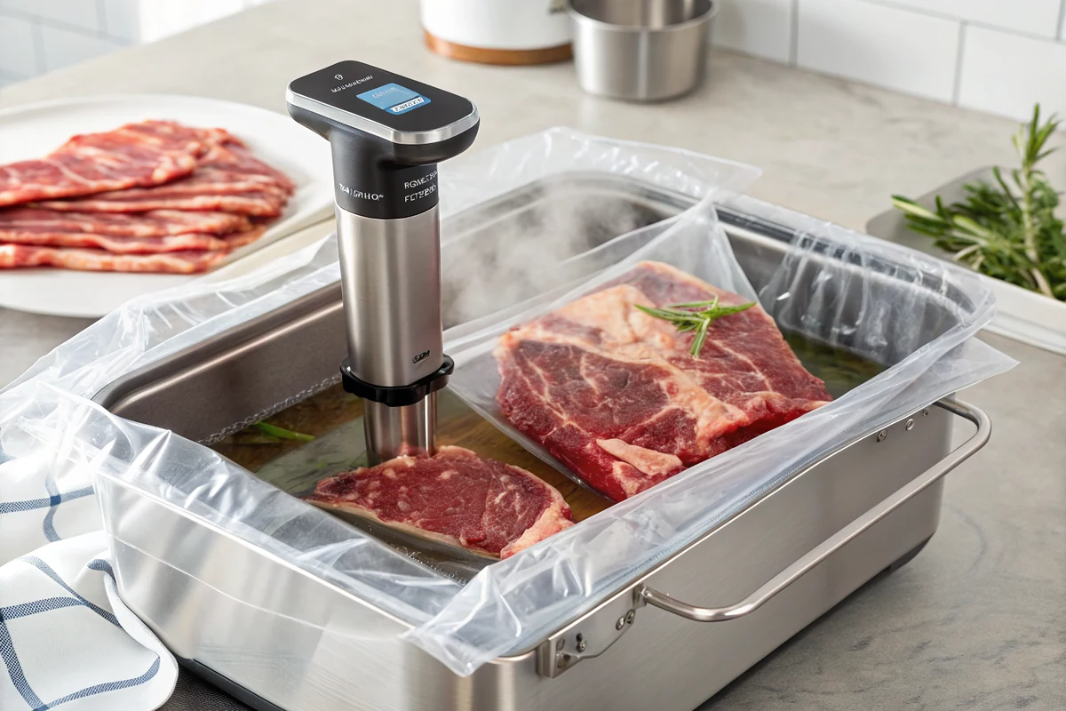 Boneless beef short ribs vacuum sealed in a bag submerged in a sous vide water bath
