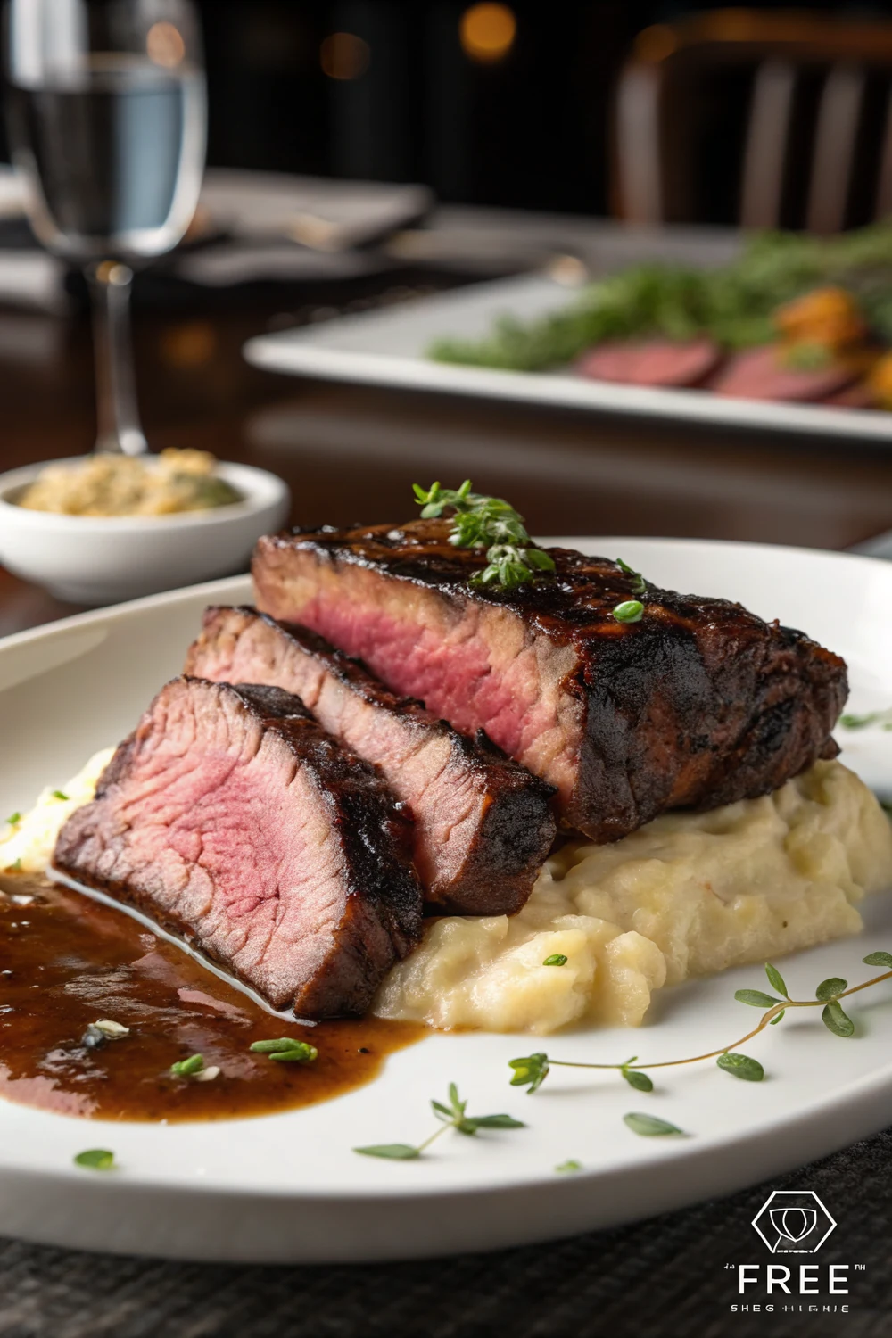 Tall photo of sous vide beef short ribs sliced rosy with seared crust over mashed potatoes, save this recipe