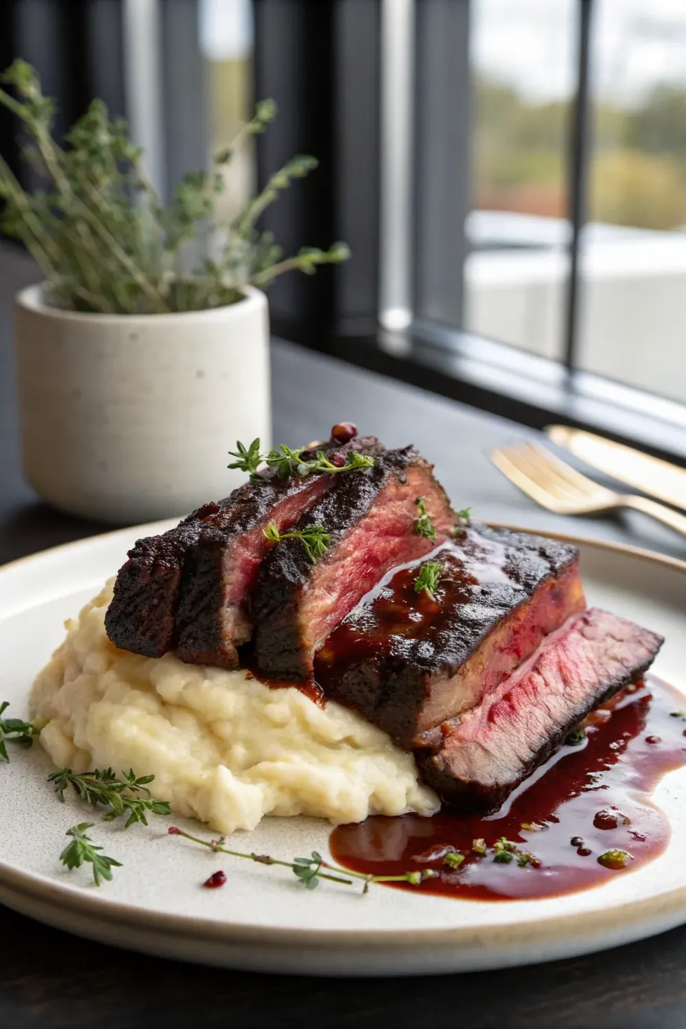 Tall photo of sous vide beef short ribs sliced rosy with seared crust over mashed potatoes, save this recipe