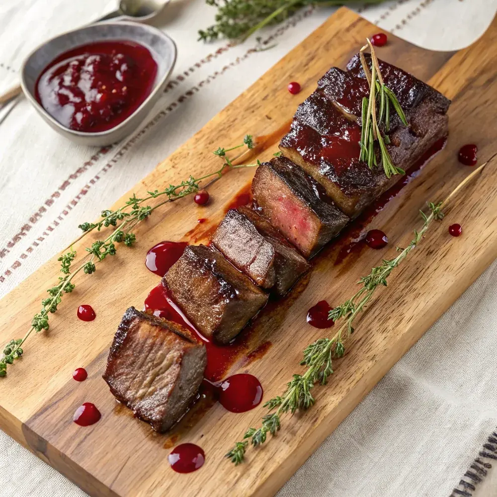 Seared sous vide beef short ribs resting on a wooden board with a glossy pan sauce