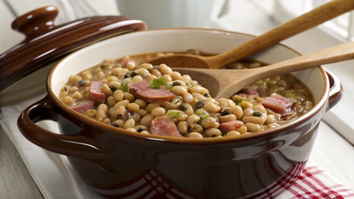 Heavy pot of southern black-eyed peas in glossy brown potlikker with a smoked ham hock visible among the creamy peas, wooden spoon resting across