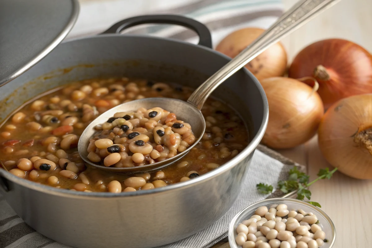 Close-up of a ladle lifting tender black-eyed peas with distinctive dark eye spots from a pot of rich smoky broth with soft onions