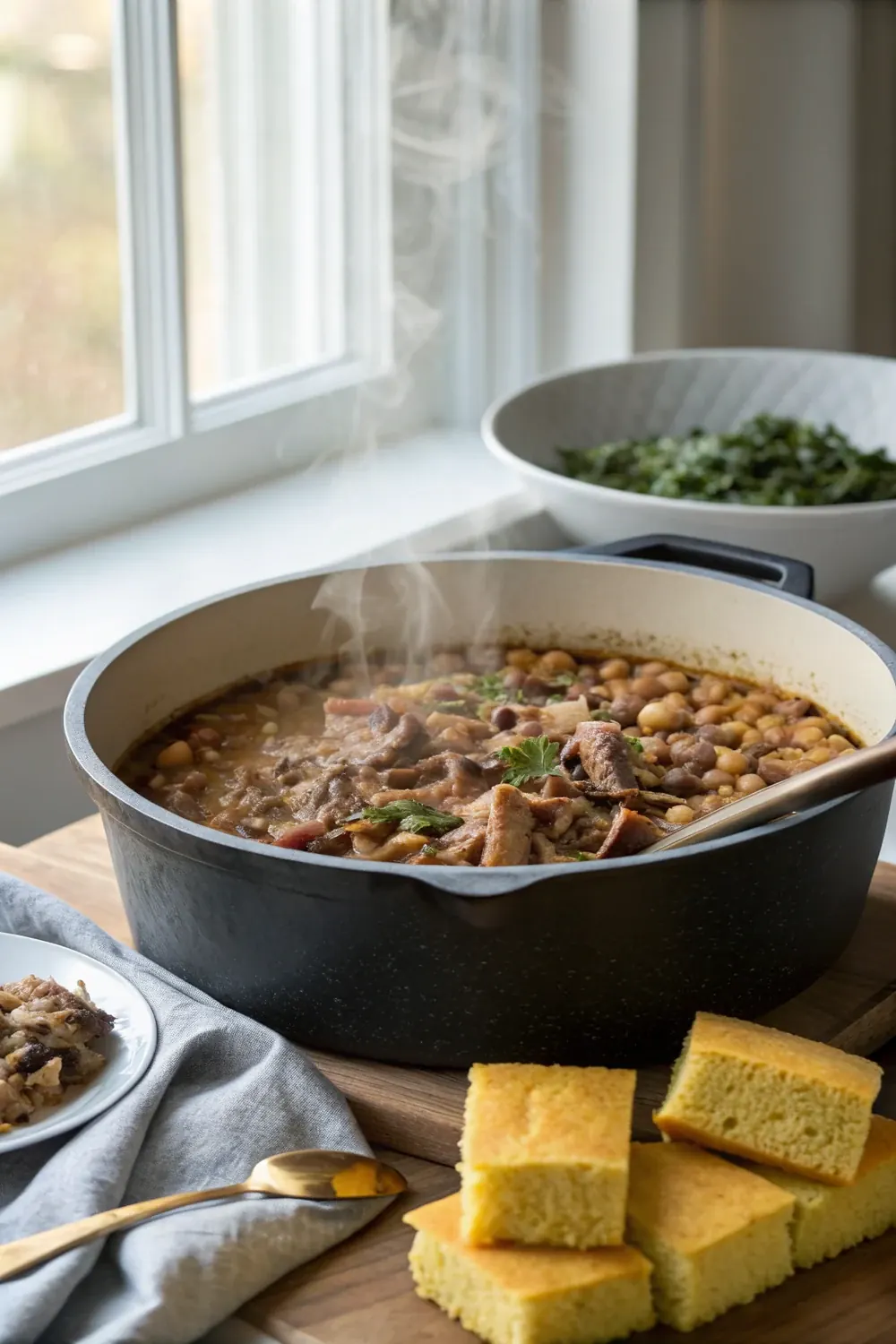 Vertical shot of a tall pot of simmering black-eyed peas with shredded smoked pork folded through, steam rising, cornbread wedges arranged below