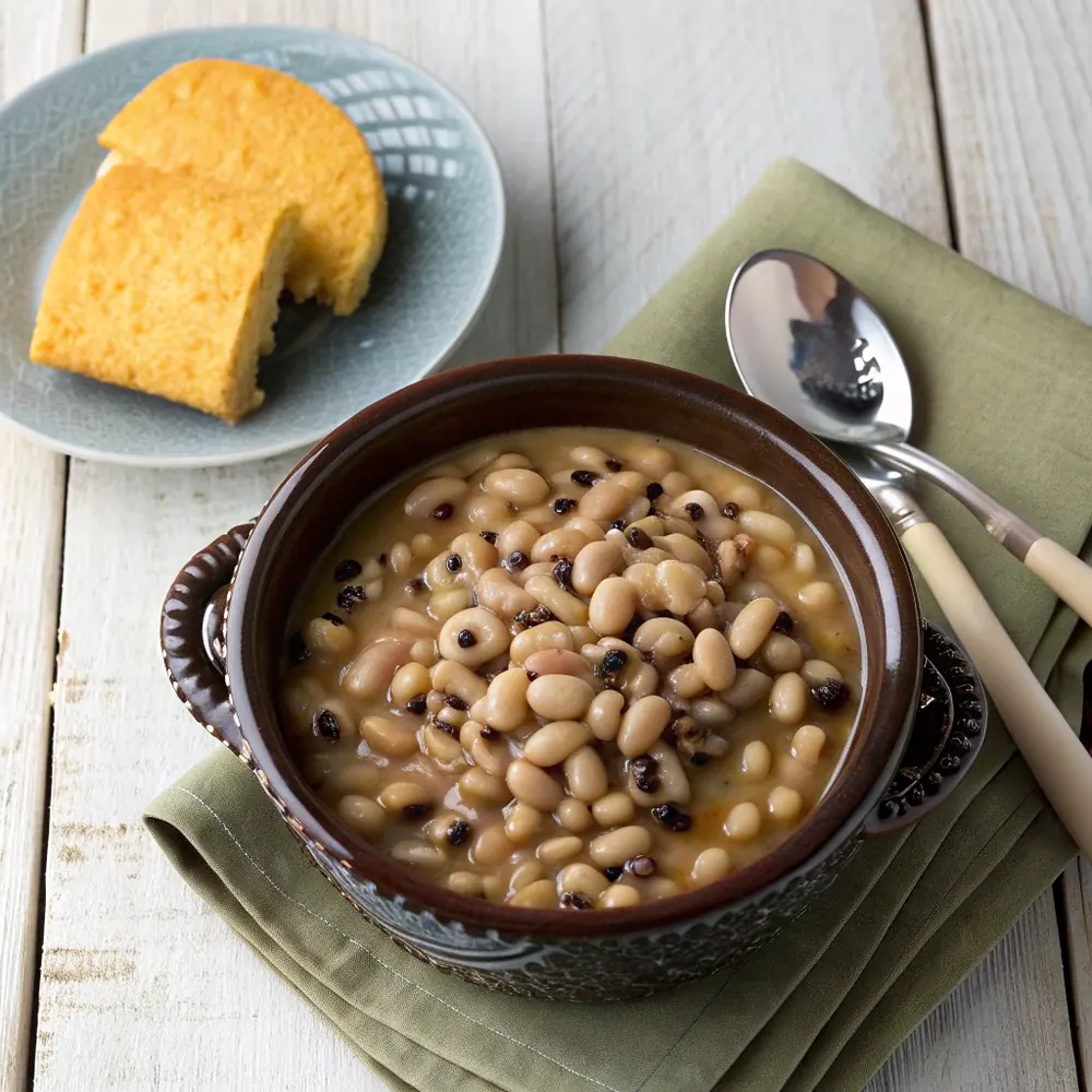 Overhead view of a bowl of black-eyed peas in dark potlikker beside a wedge of golden cornbread on a rustic wooden table