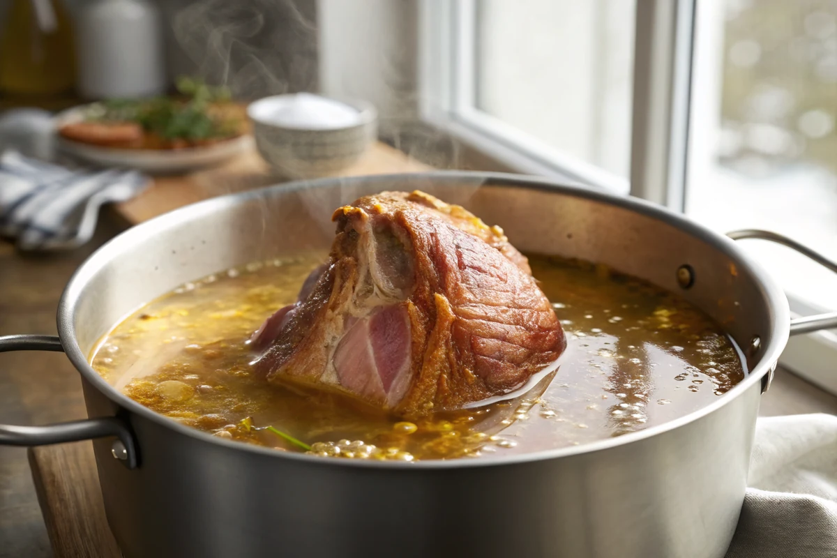 Smoked ham hock simmering alone in a heavy pot of broth turning golden, small bubbles rising around it