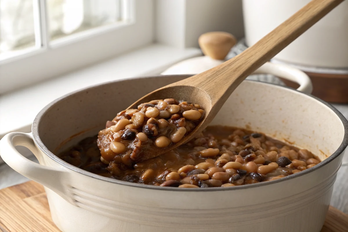 Wooden spoon crushing a few soft black-eyed peas against the inside wall of a pot of thickening glossy brown potlikker