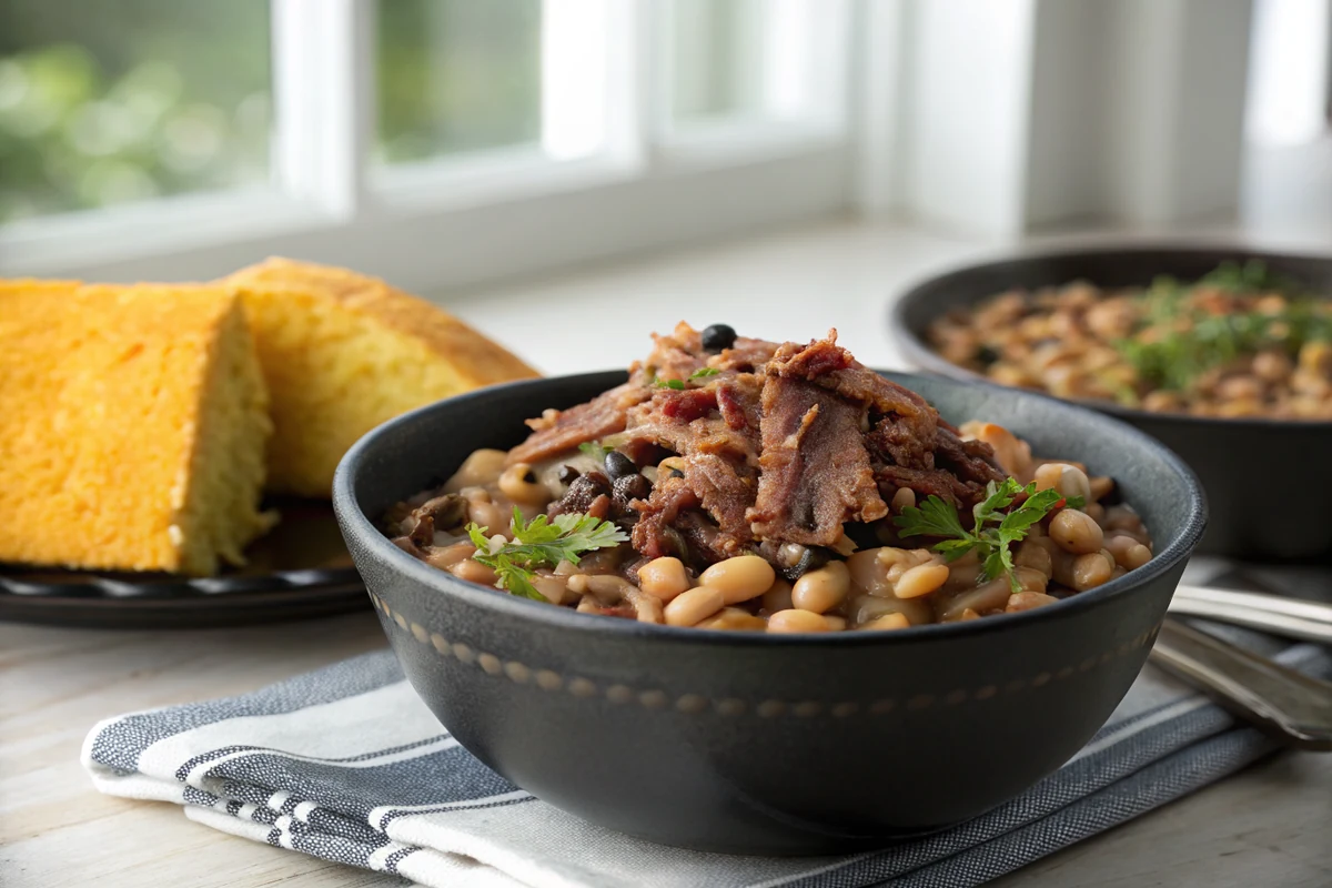 Bowl of black-eyed peas in dark potlikker with shredded smoked pork, golden cornbread wedge resting on the rim of the bowl