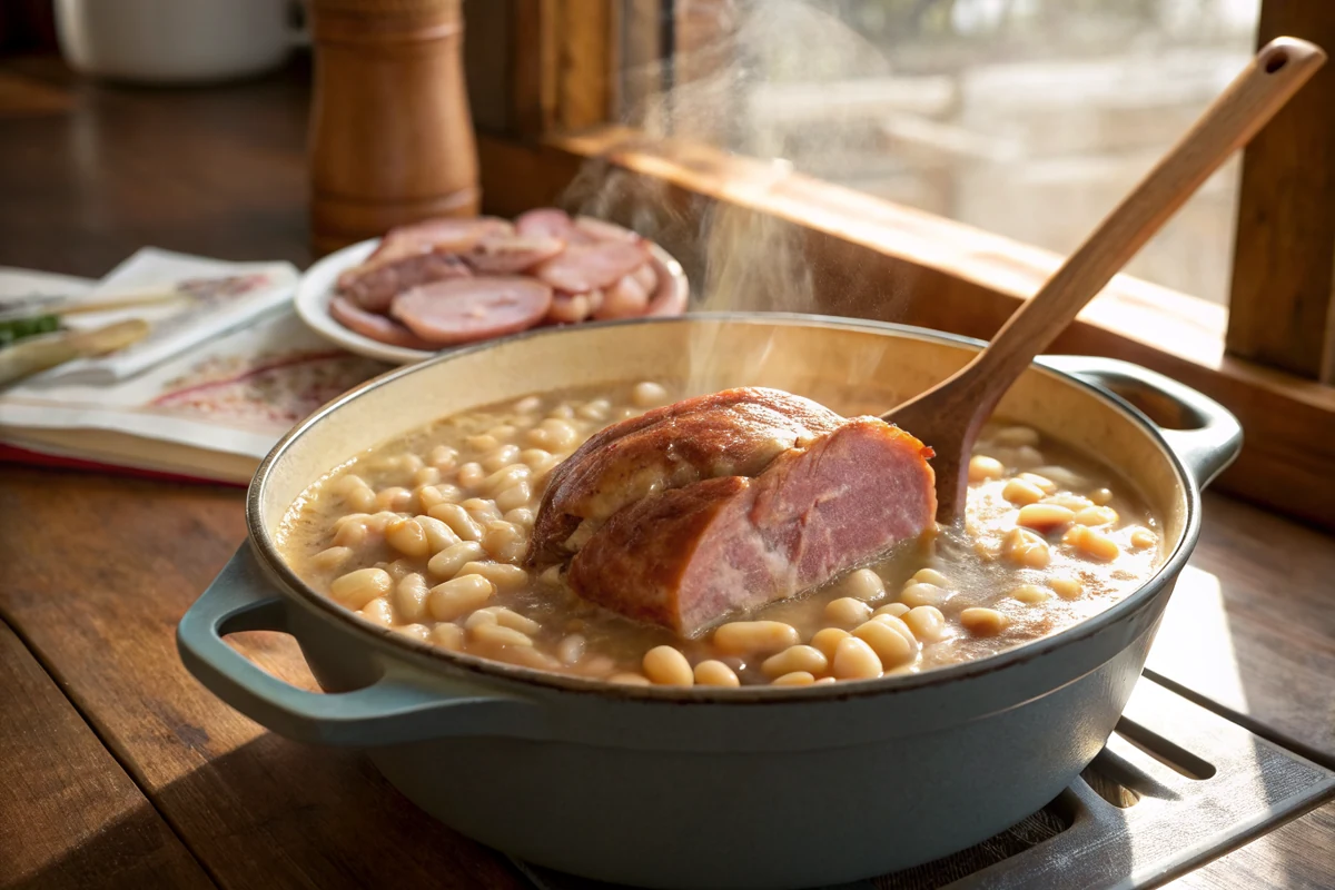 Dutch oven of white beans simmering gently with a ham hock in the center, steam rising, wooden spoon stirring the creamy broth