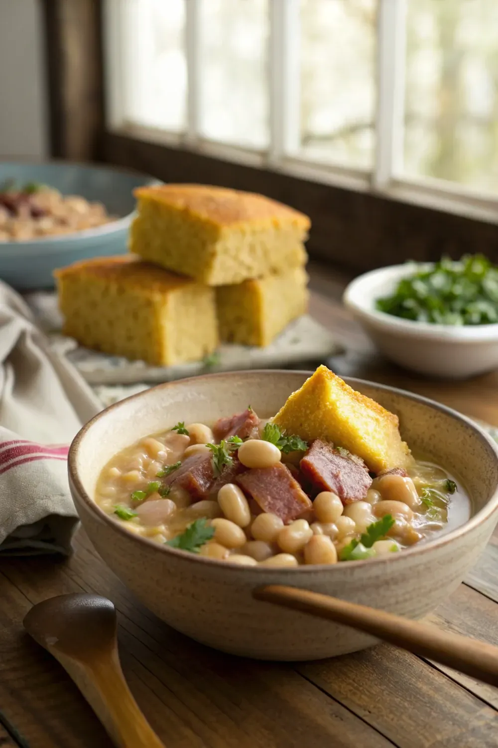 Vertical photo of a bowl of creamy Southern white beans with smoky ham and cornbread, save this 5-ingredient Southern comfort recipe