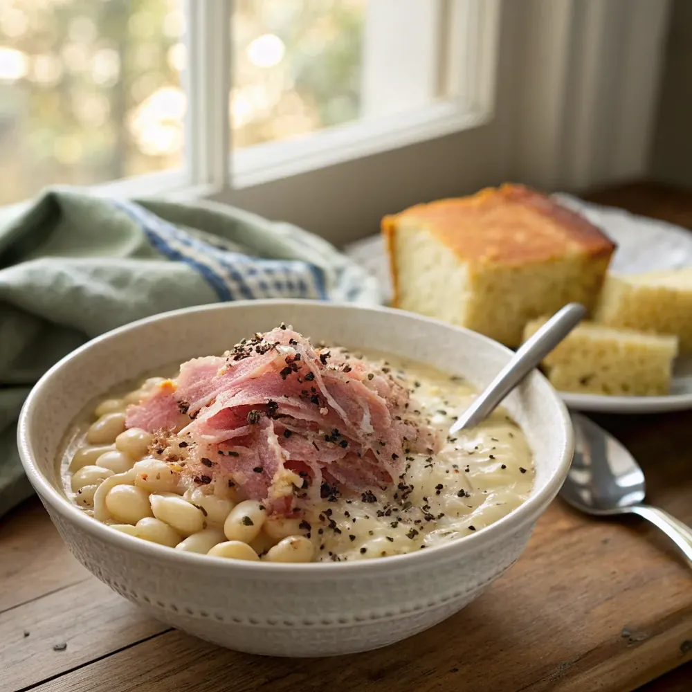 Overhead bowl of Southern white beans with shredded ham on top and a wedge of cornbread on the side